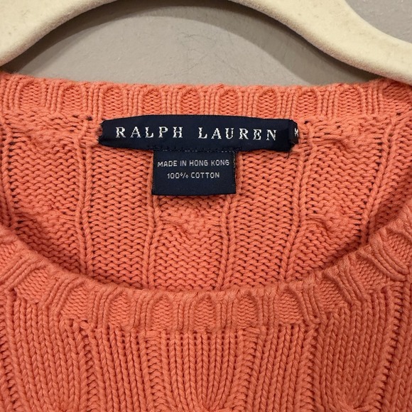 Vintage Polo Ralph Lauren Orange Cableknit Sweater Medium Preppy 90s - Picture 2 of 3